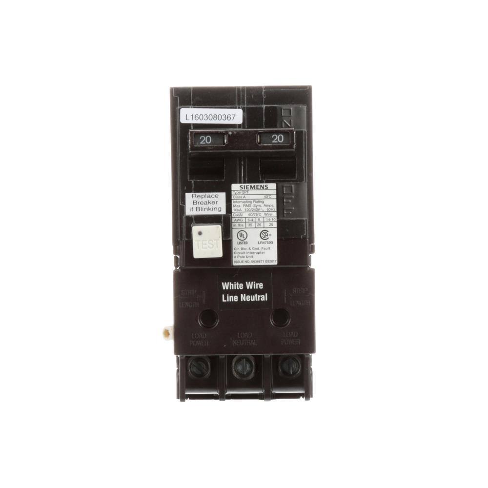 Siemens 20 Amp Double Pole Type QPF2 GFCI Circuit Breaker US2:QF220AP