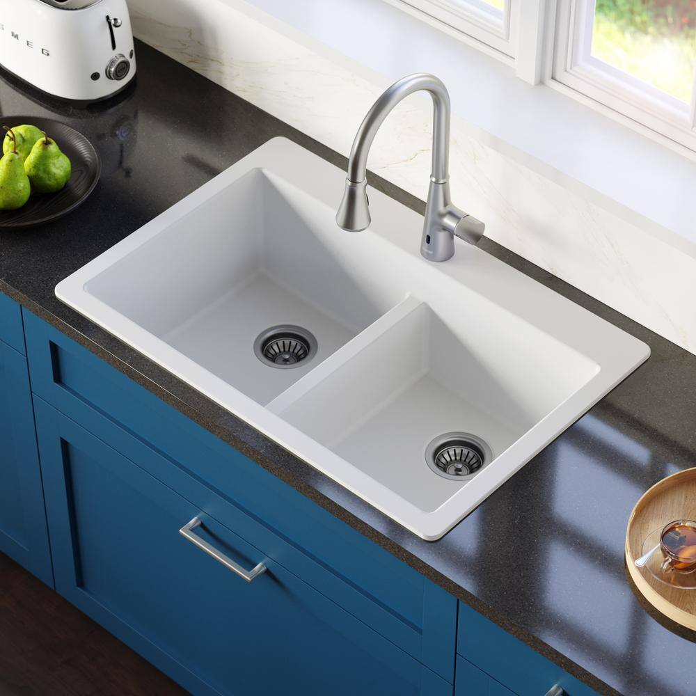 Karran QT-810 QuartzGranite 33 in. Double Bowl 5050 Top Mount Drop-in Kitchen Sink in White with Bottom Grid and Strainer QT-810-WH-PK1