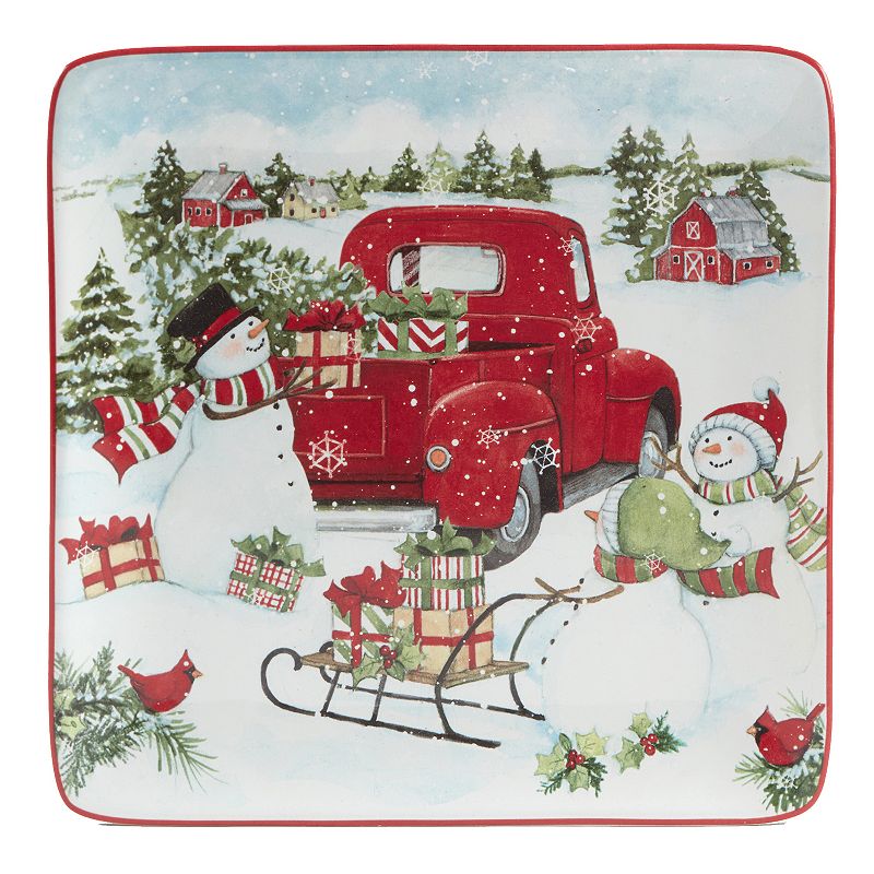 Certified International Red Truck Snowman 4-pc. Dessert Plate Set