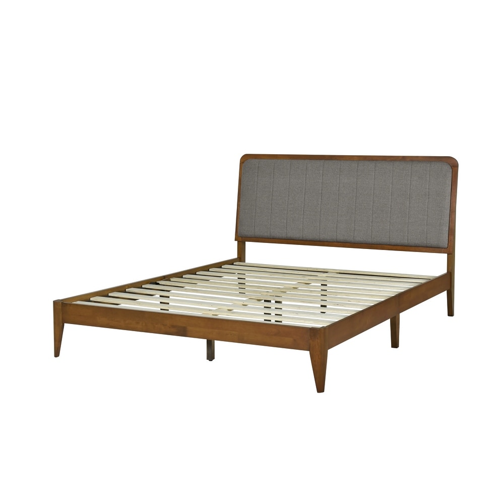 Raven Grey Upholstered Walnut Wood Queen Platform Bed Frame