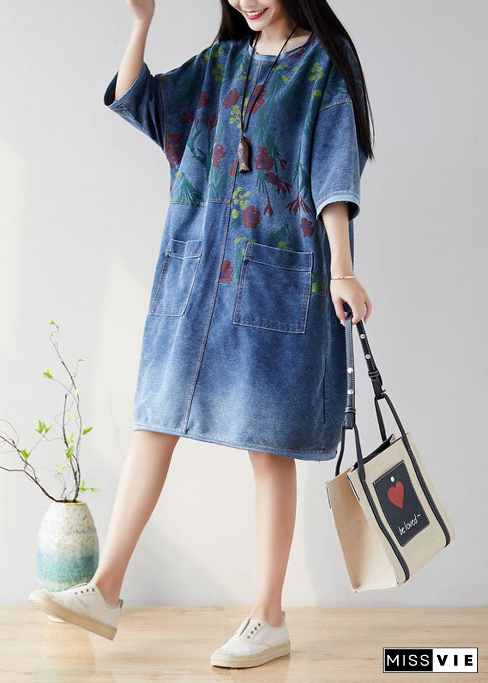 Organic Navy O Neck Patchwork Denim Dresses Half Sleeve