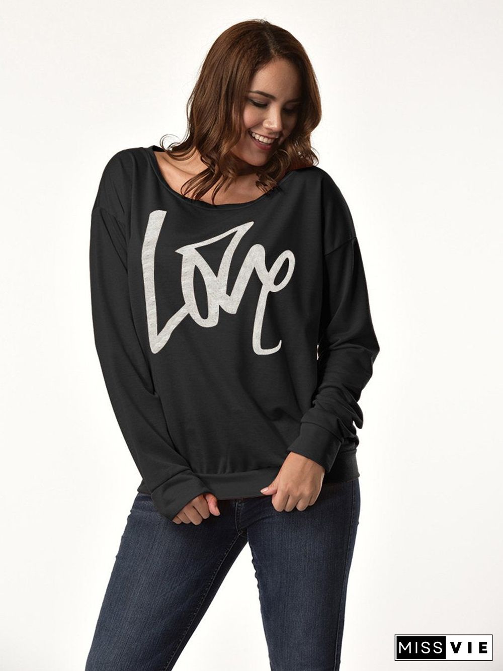 Letter Printed Love One Shoulder Sweatshirt