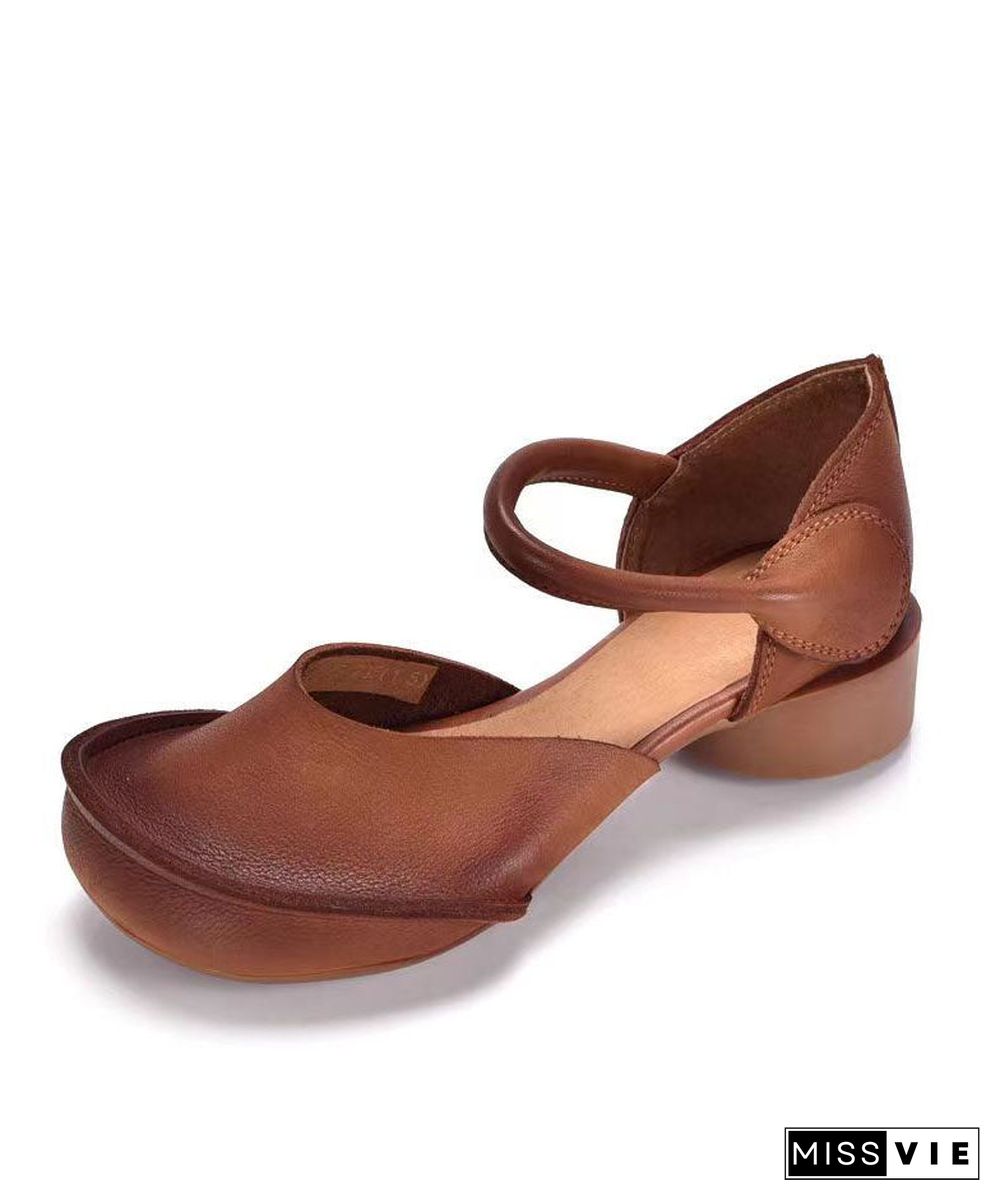 Retro Brown Buckle Strap Splicing Cowhide Leather Chunky Sandals