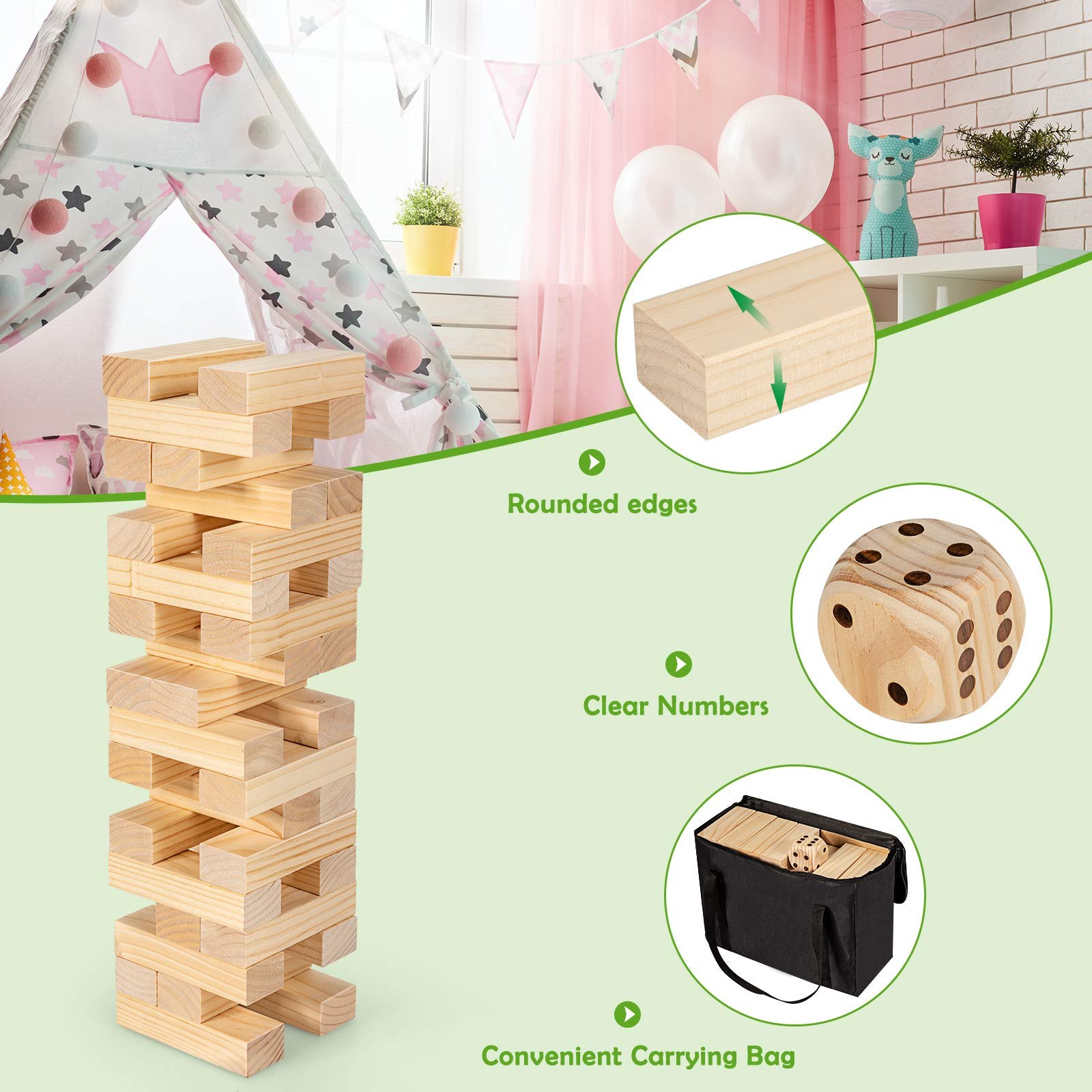 Costzon Giant Tumbling Timber Toy, 54 PCS Wooden Block Stacking Game w/ Convenient Carrying Bag, Natural