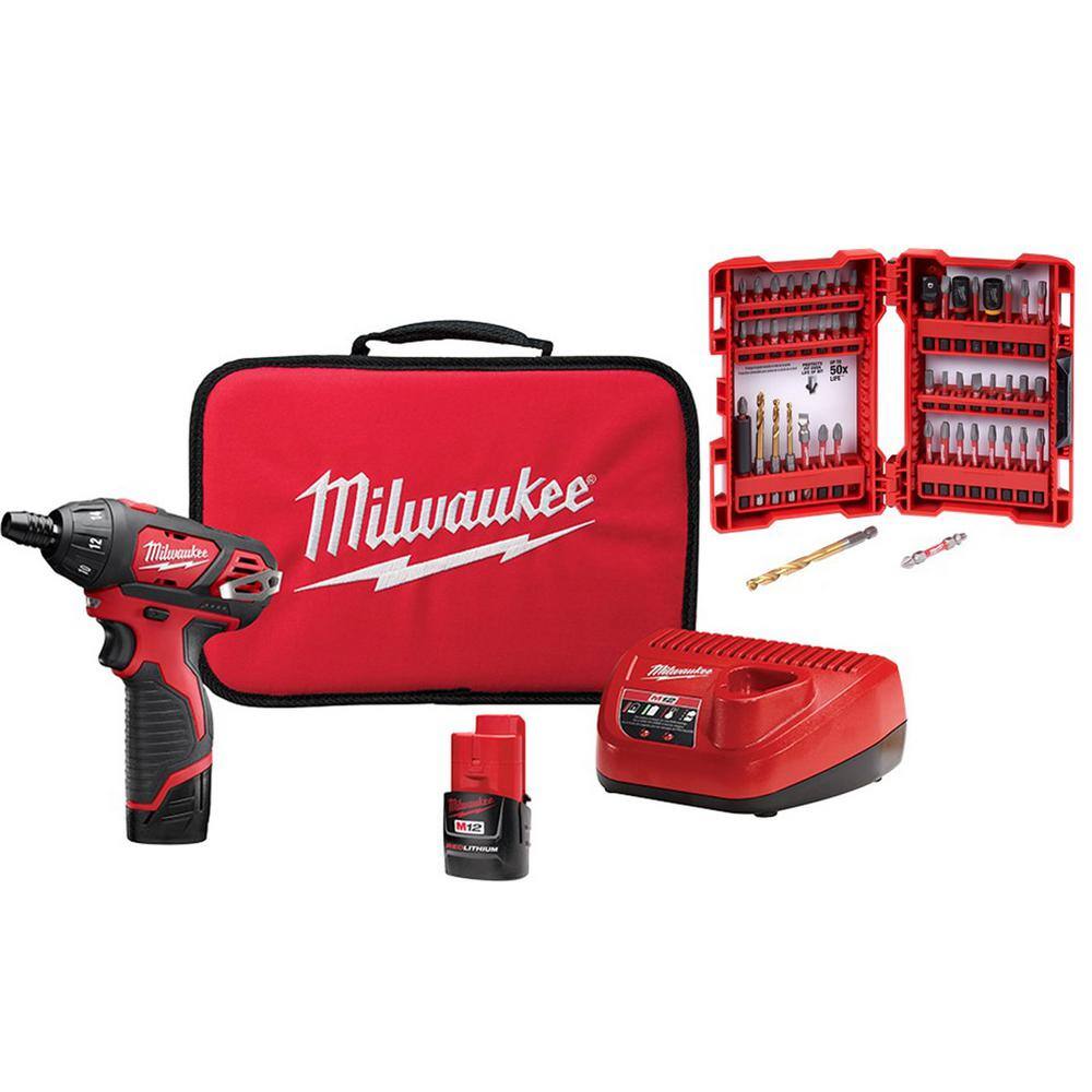 MW M12 12V Lithium-Ion Cordless 14 in. Hex Screwdriver Kit w SHOCKWAVEImpact Duty Driver Alloy Steel Bit Set (50-Pc) 2401-22-48-32-4024