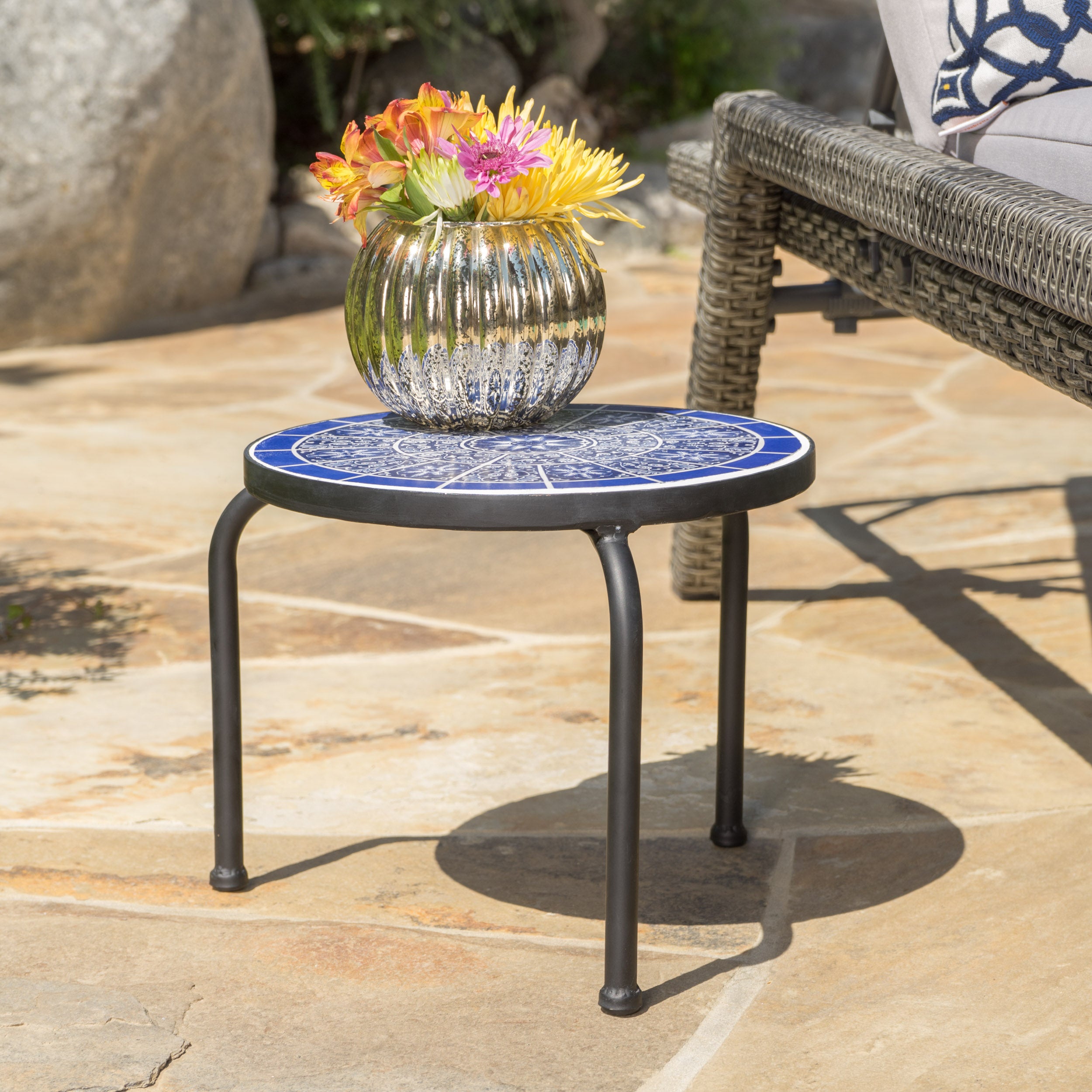 Soleil Outdoor Blue & White Ceramic Tile Iron Frame Side Table