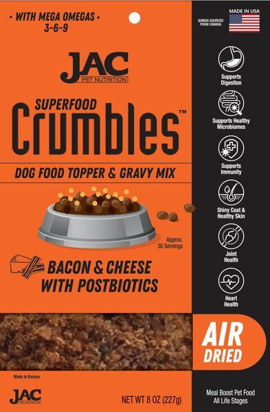 JAC Pet Nutrition Air-Dried Bacon and Cheese Superfood Crumbles Dog Food Topper， 8-oz pouch