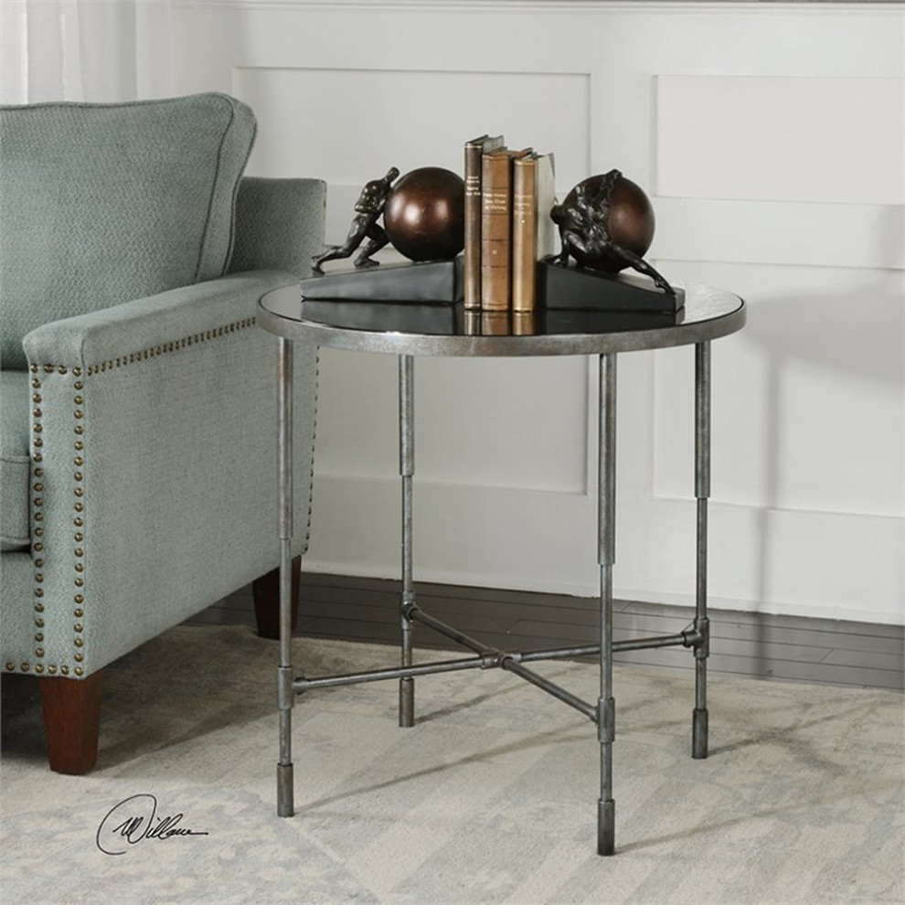 Home Square 25 quotRound Glass Top Accent End Table in Aged Steel   Set of 2   Industrial   Side Tables And End Tables   by Homesquare  Houzz