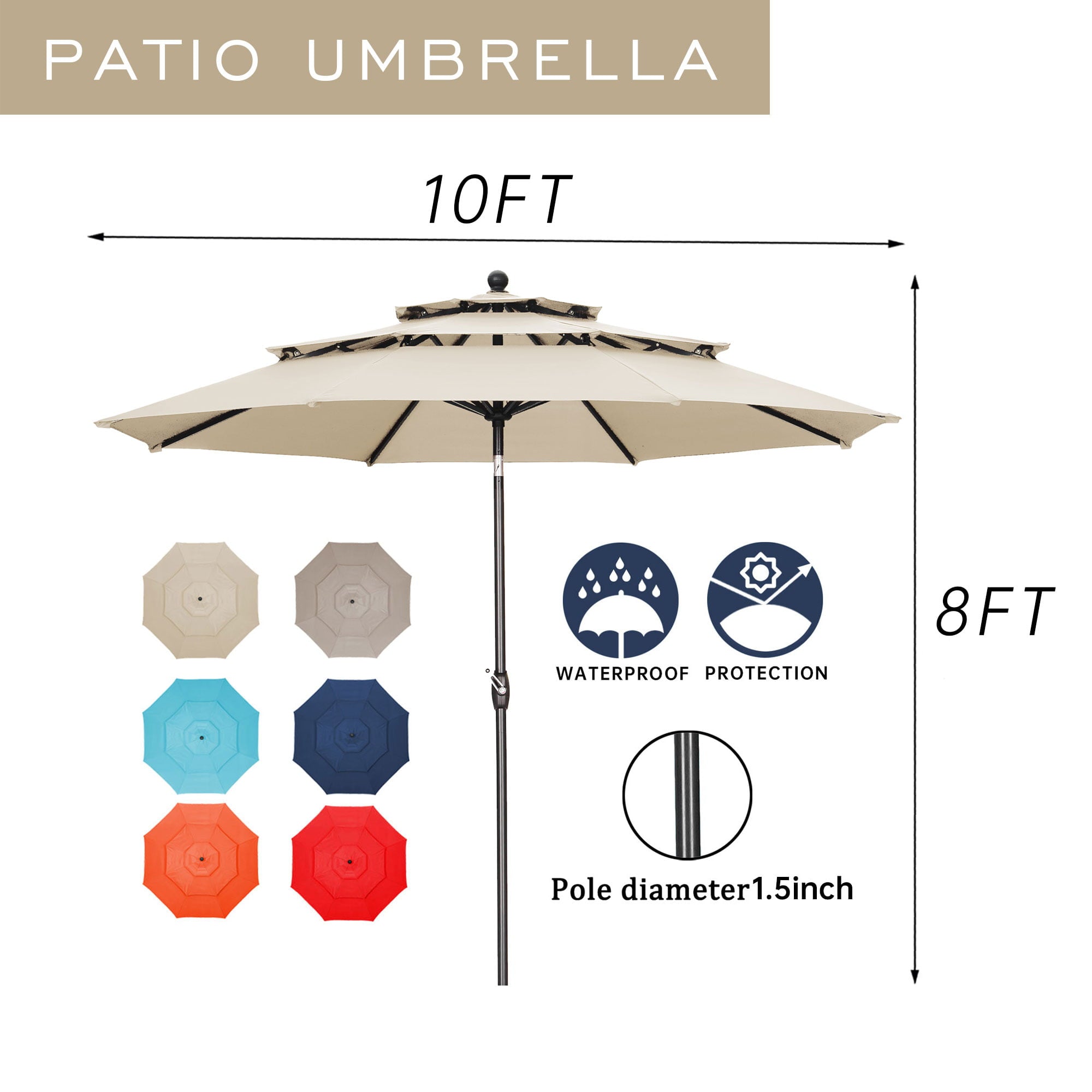 Autlaycil Patio Umbrella 10FT Outdoor Market Umbrella 3 Tiers Adjustable Crank and Tilt Khaki