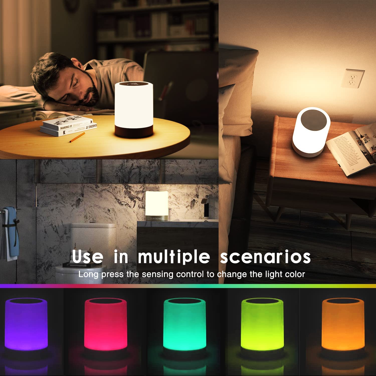 Amouhom Touch Control Lamp, Table Bedside Night Light, Portable LED Light with Dimmable Warm White Light & 6 Different and 16 Gradient Colores Changing(Black)