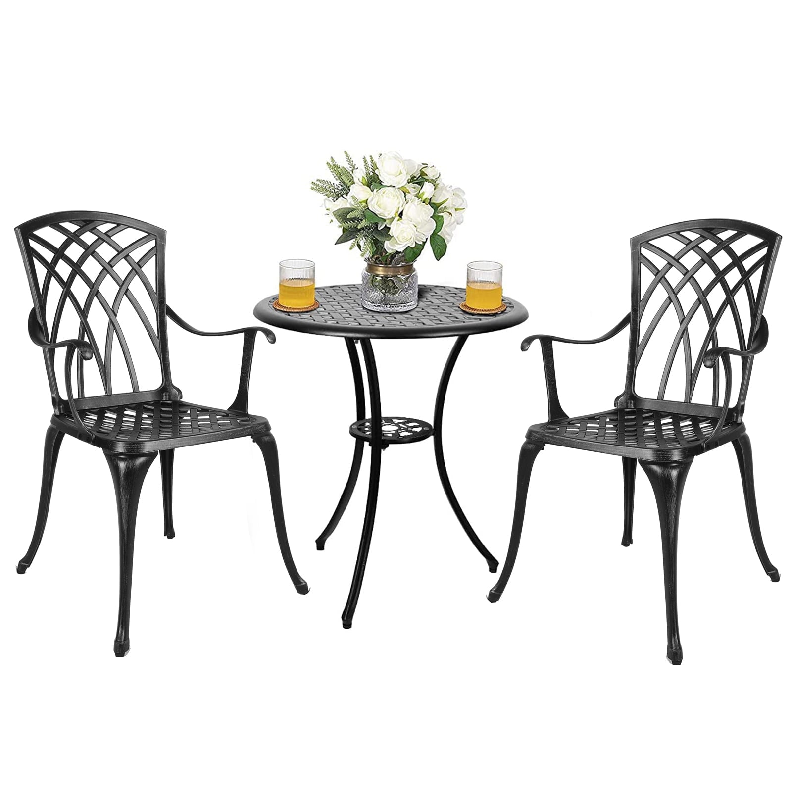 Polar Aurora 3 Piece Cast Aluminum Patio Bistro Set Table Outdoor Round Dining Armchair with Umbrella Hole for Porch， Lawn， Garden， Backyard， Pool， Black