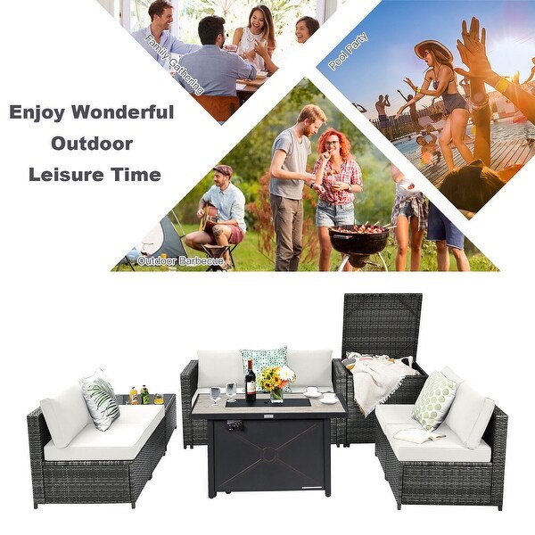 Gymax 9 PCS Patio Rattan Furniture Set Fire Pit Table Storage Black W/