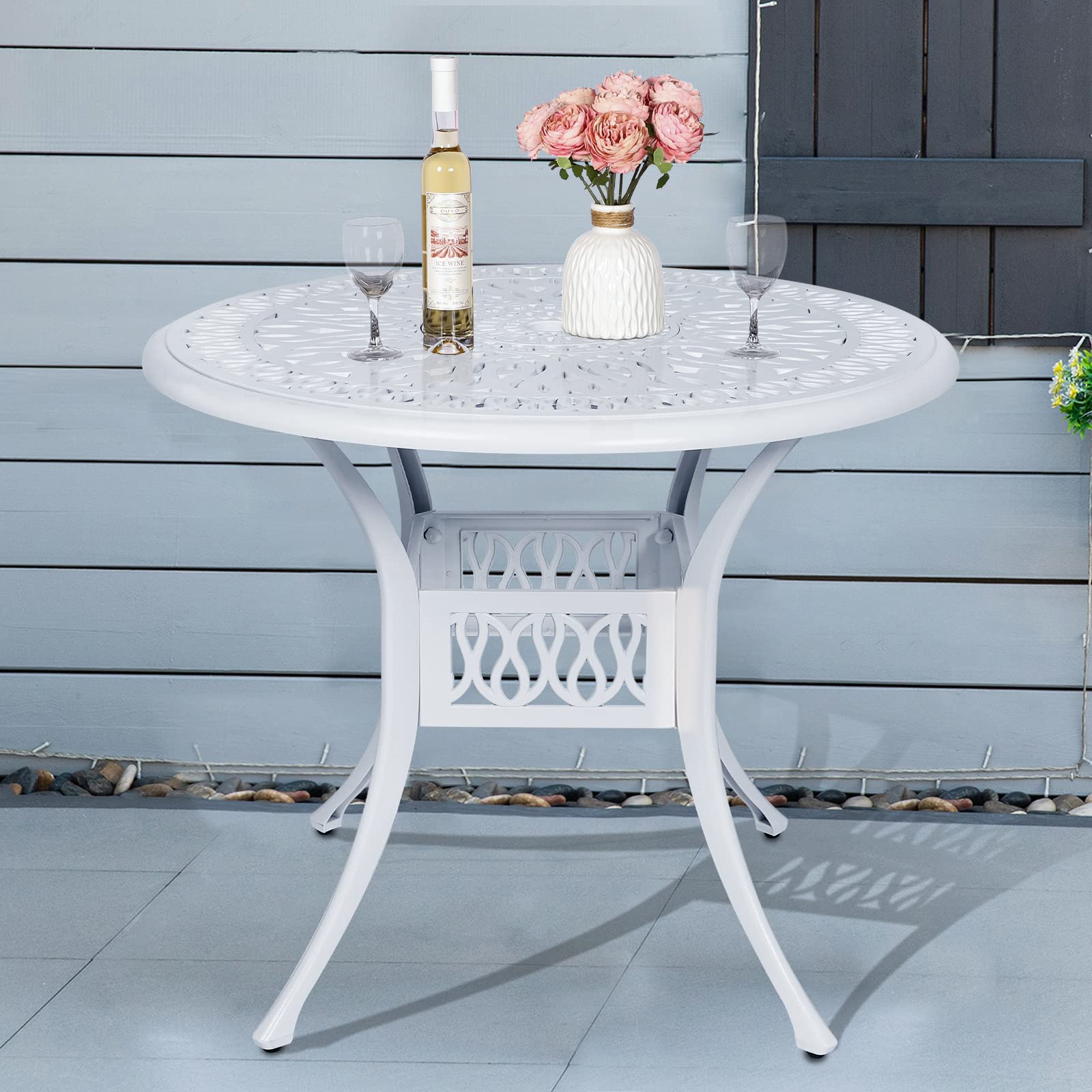 MEETWARM 35.4" Round Patio Dinning Table, Outdoor Cast Aluminum Dinning Table with 2" Umbrella Hole, White