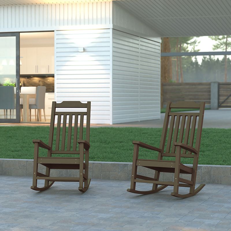 Emma and Oliver Set of 2 All-Weather Poly Resin Faux Wood Rocking Chairs for Porch andPatio