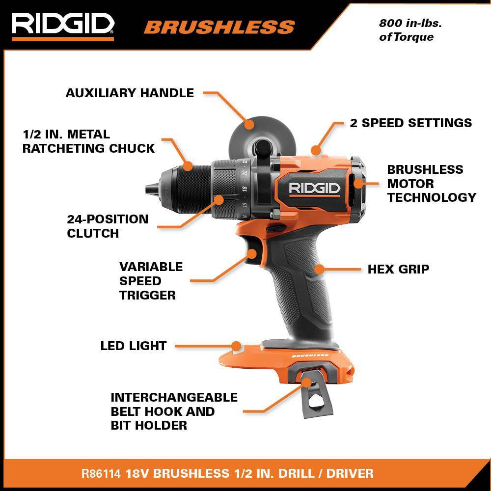 RIDGID 18V Brushless Cordless 12 in. DrillDriver Kit with 2.0 Ah MAX Output Battery and 18V Charger R86114KN