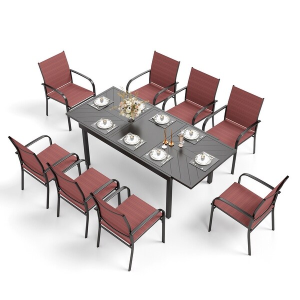 MAISON ARTS 9Piece Patio Dining Set with Expandable Rectangular Metal Table and 8 Textilene Dining Chairs