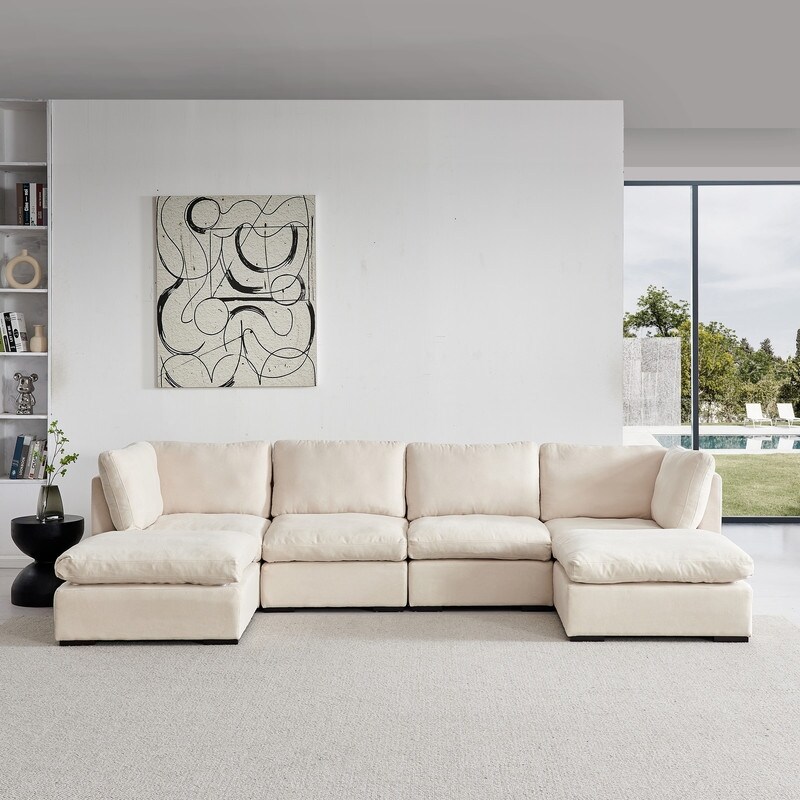 Modular U Shape Sectional Sofa with Two Ottoman  Filled with Down  Soft Linen Fabric Upholstered Sofa for Living Room