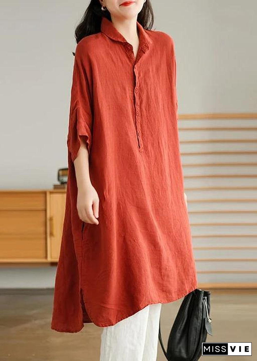 Jade Purple flower Linen Women Casual Linen Shirt Dress