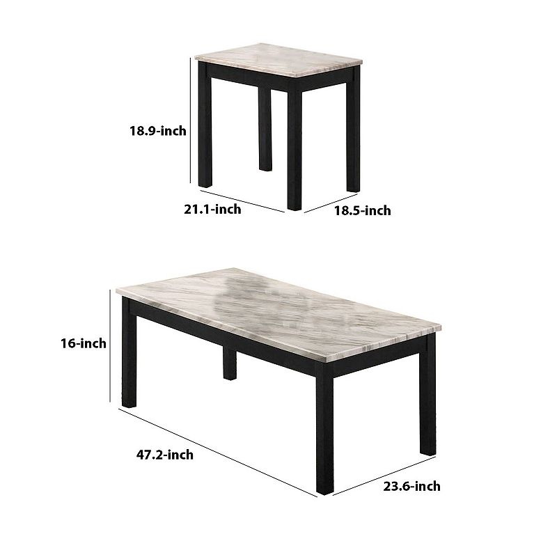 3 Piece Coffee Table and End Table with Faux Marble Top， Black and White