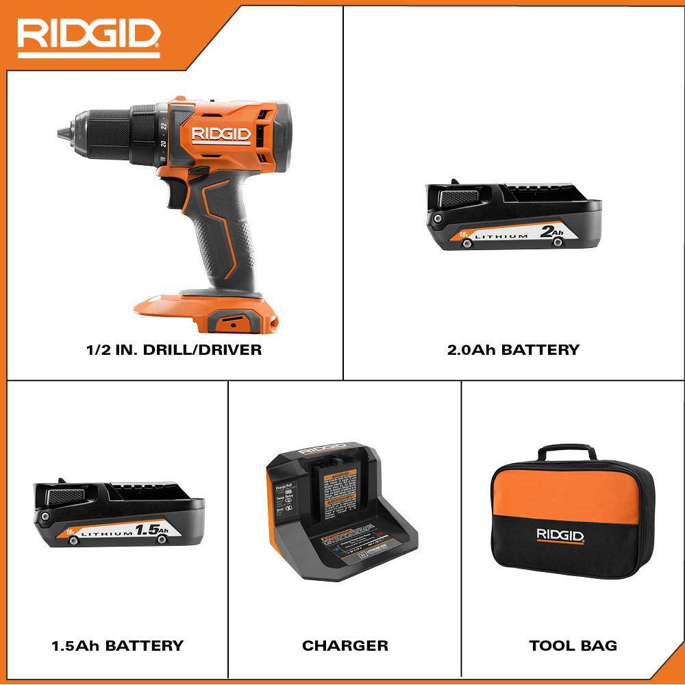 RIDGID 18V Cordless 12 in. DrillDriver Kit with (1) 2.0 Ah Battery Charger and (1) 1.5 Ah Battery R86001K-AC870015N