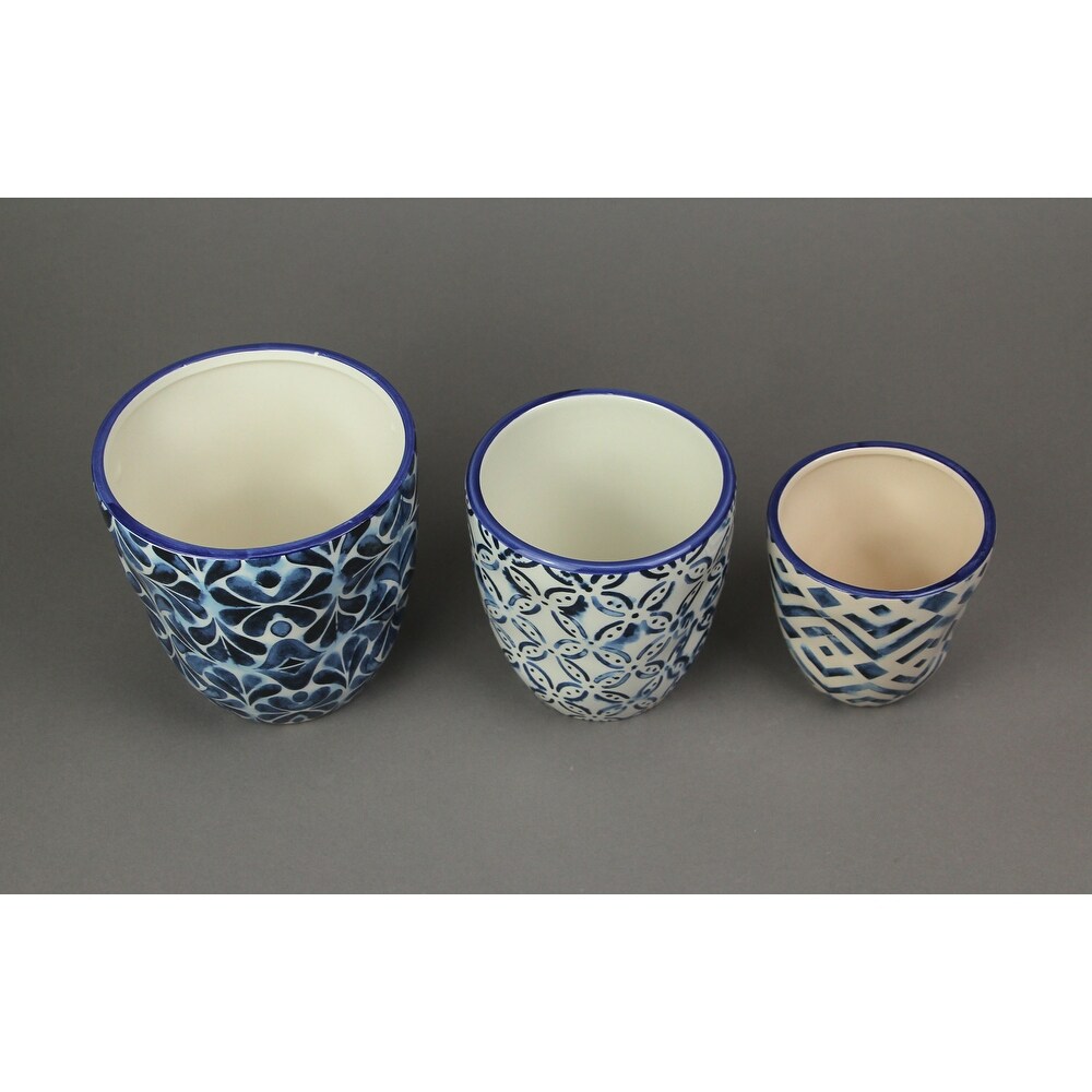 Set Of 3 Blue And White Ceramic Geometric Design Mini Planter Pots   5.5 X 5.5 X 5.5 inches