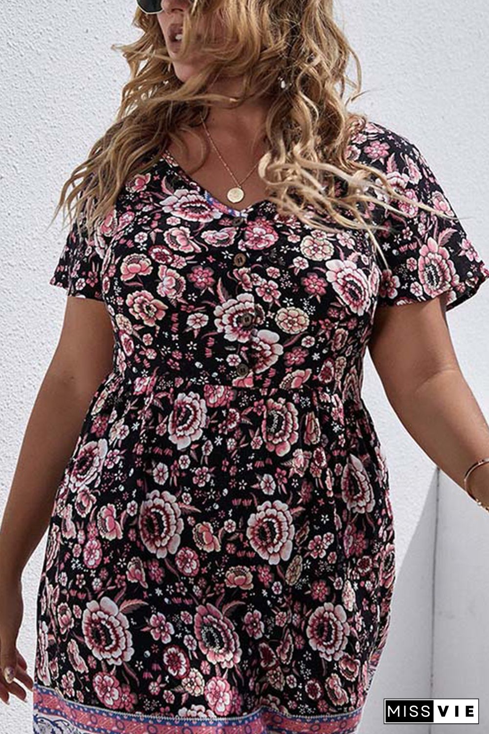 Button Down Floral Print Short Sleeves Plus Size Dress