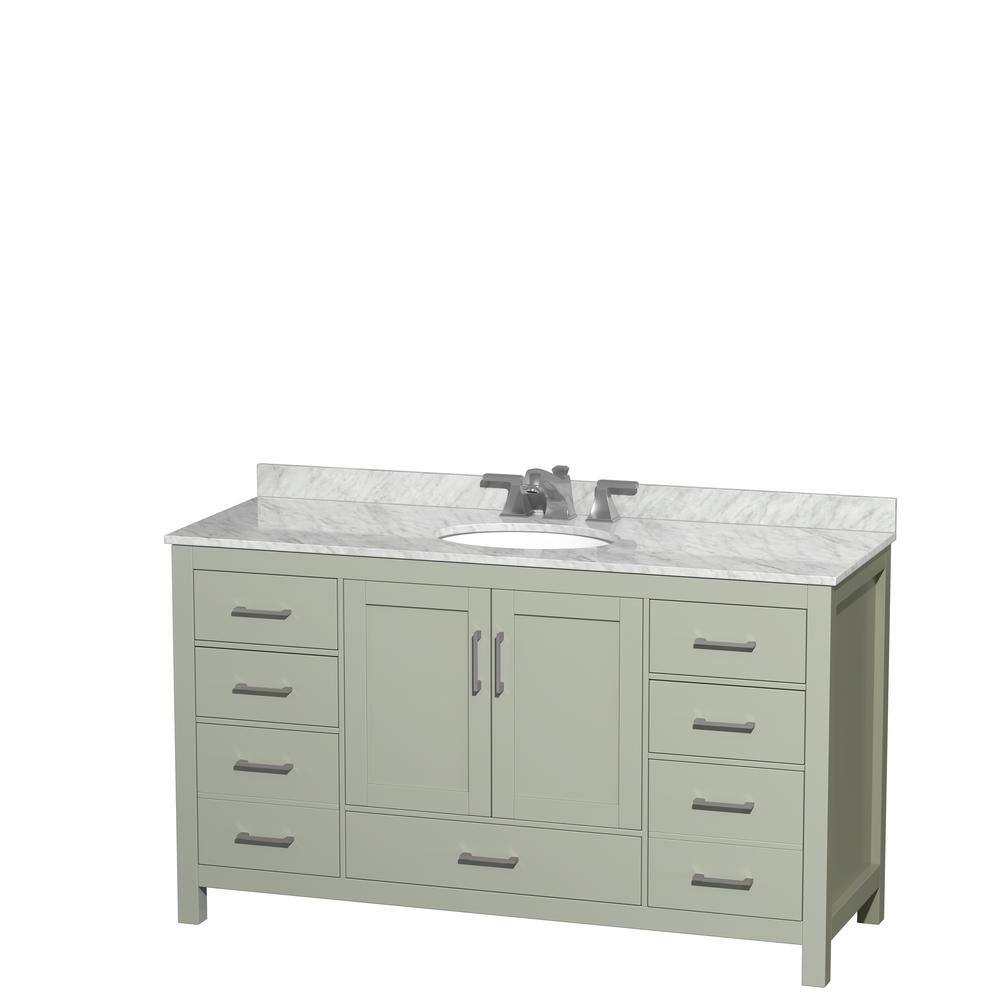 Wyndham Collection Sheffield 60 in. W x 22 in. D x 35 in . H Single Bath Vanity in Light Green with White Carrara Marble Top WCS141460SLGCMUNOMXX