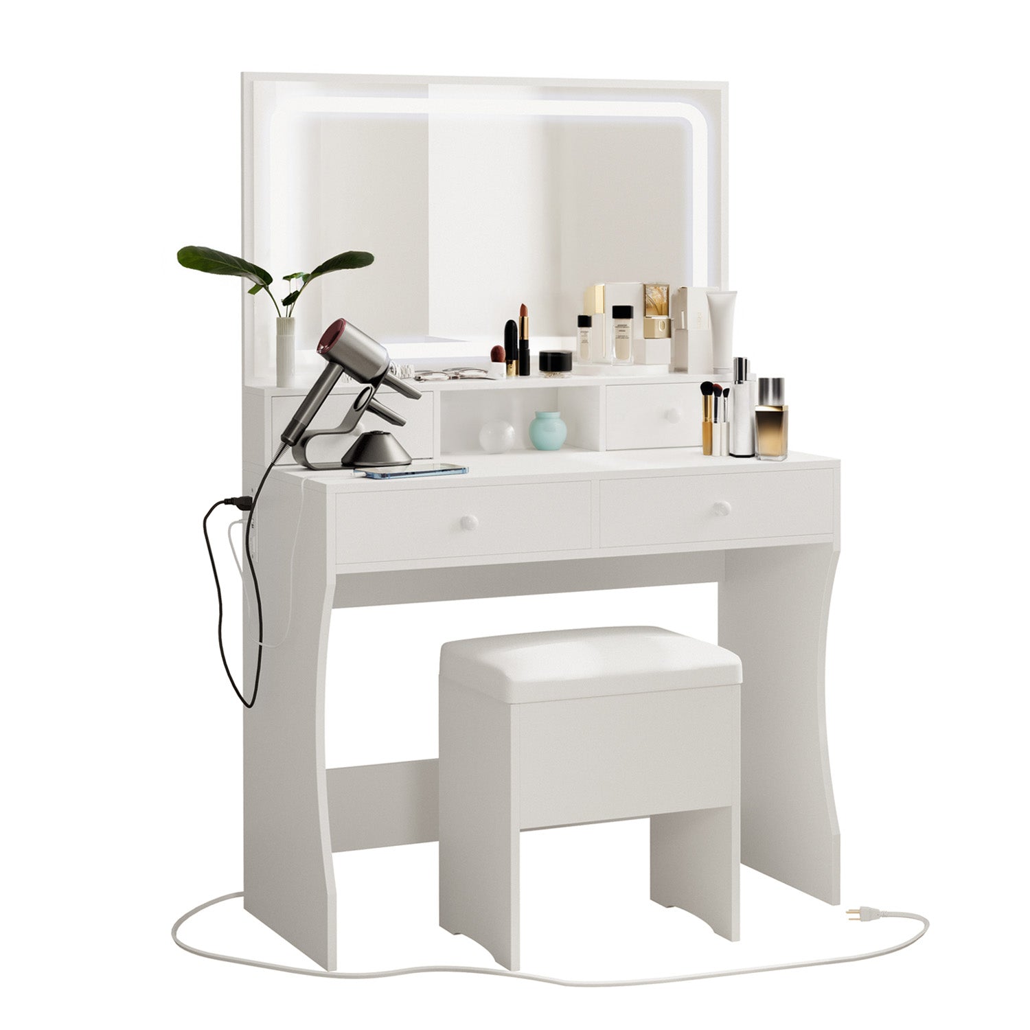 Vanity Desk Set Makeup Vanity with Power Outlet, LED Mirror, Storage Stool