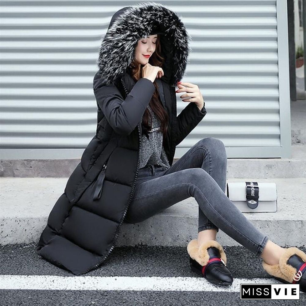 Winter New Woman Hooded Slim Large Fur Collar Long Ladies Cotton Coat Thick Coat Plus Size S-5XL