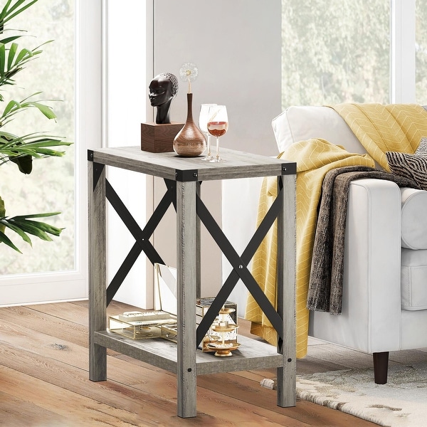 Narrow End Table for Small Spaces， Rectangular Farmhouse Nightstand Sofa Side Table for Living Room， Bedroom， Lounge(Grey)