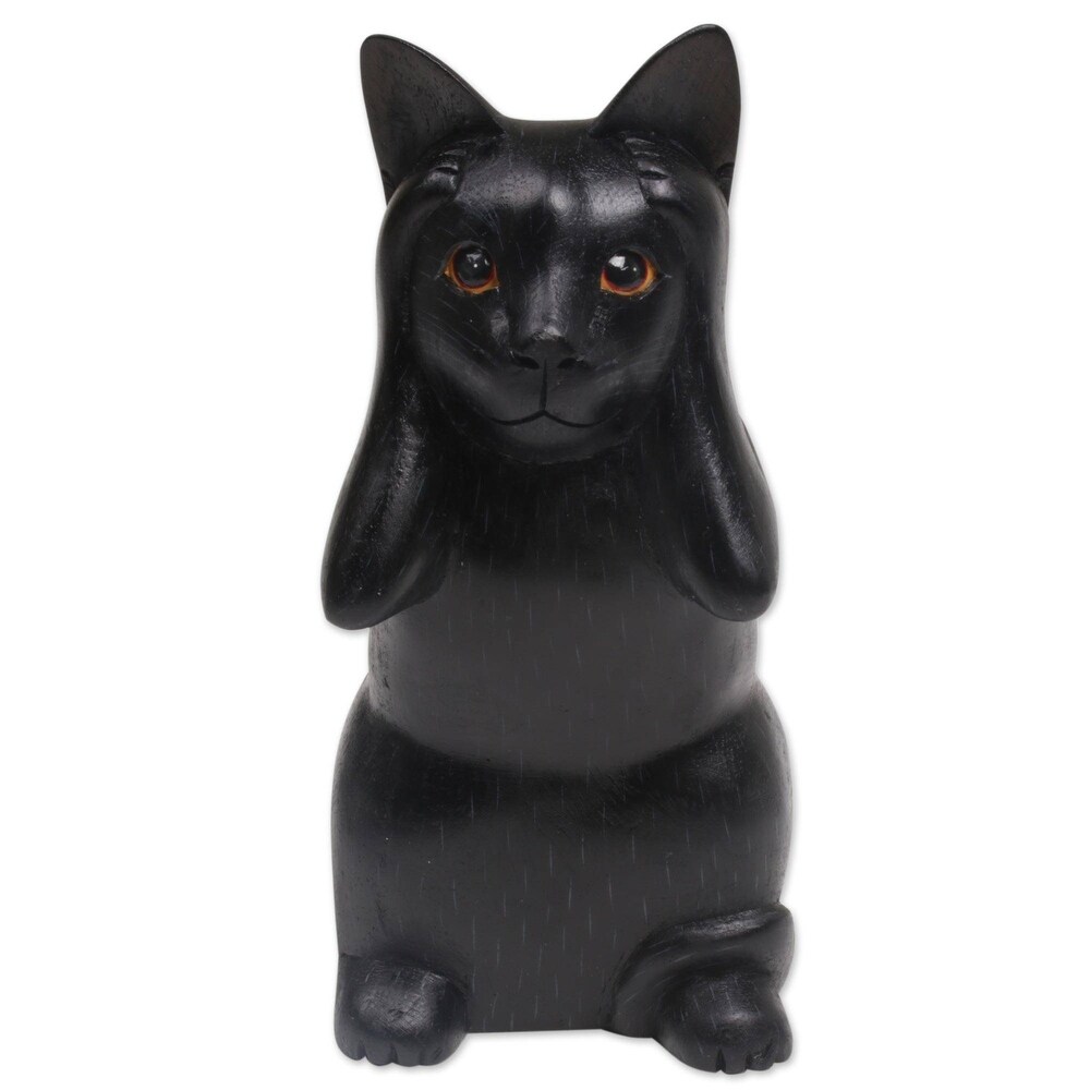 Novica Handmade Kitty Hears No Evil Wood Sculpture