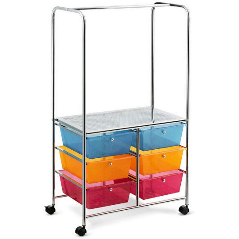 6 Drawer Rolling Storage Cart with Hanging Bar