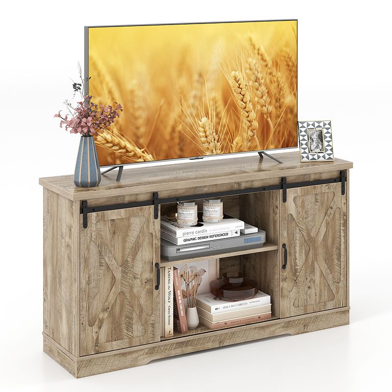 Farmhouse Tv Stand Entertainment Center With Adjustable Shelves And Storage Cabinet