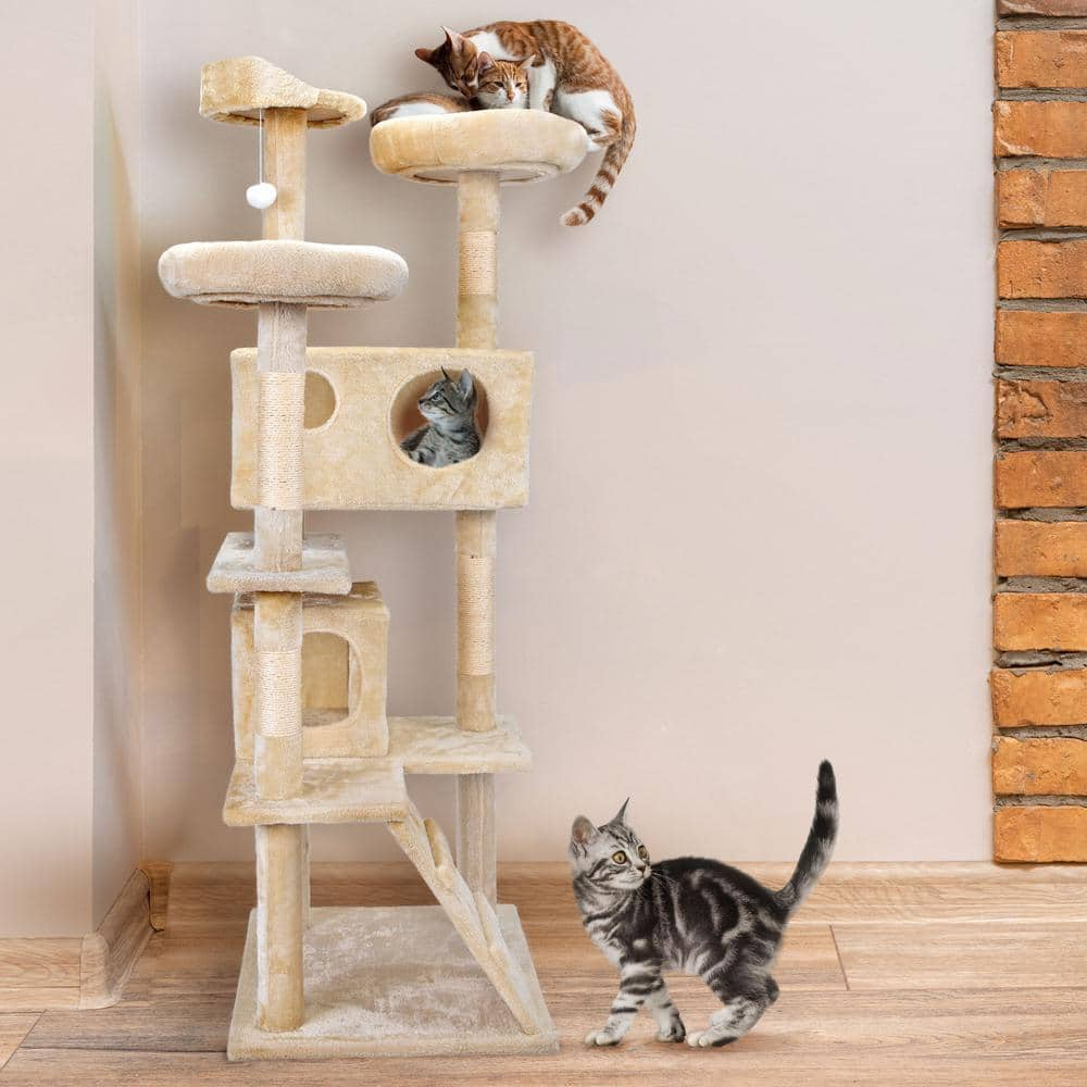 COZIWOW 59.5 in. Cat Tree Kitten Activity Condo Penthouse W/ Scratching Post and Ladder Beige CW12N0207