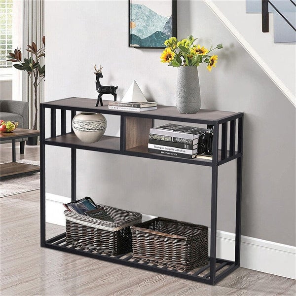 Oak Wood Console Table Metal Frame with Shelf - 39.8