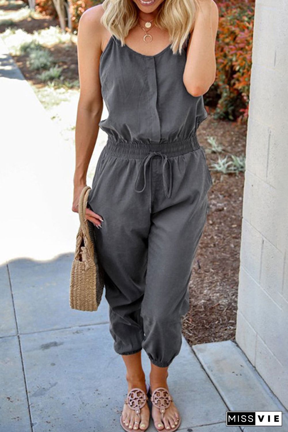 Casual Solid Draw String Pocket Capris V Neck Jumpsuits