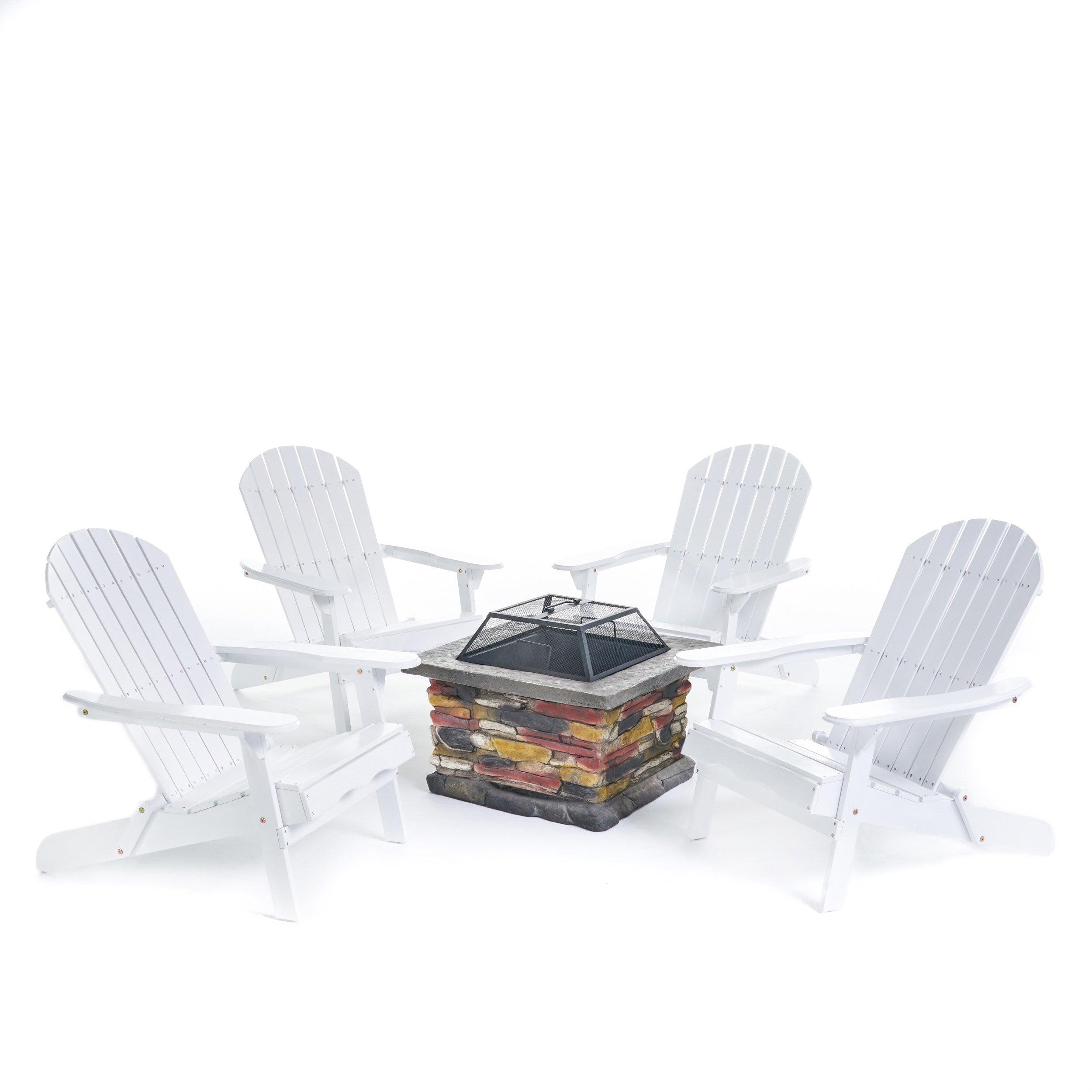 Benson Outdoor 5 Piece Acacia Wood/ Light Weight Concrete Adirondack Chair Set with Fire Pit