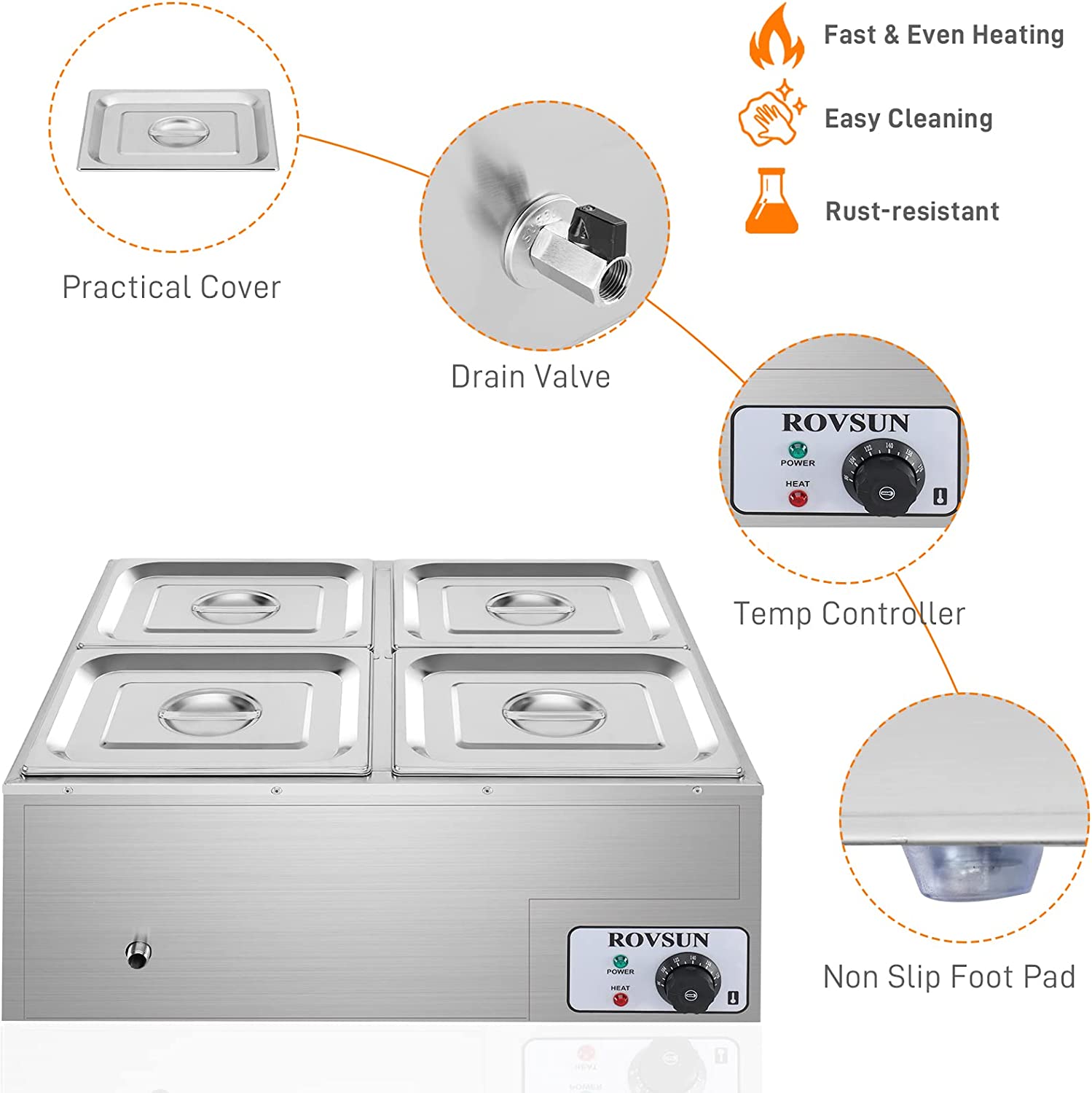 ROVSUN 42.3QT Electric Commercial Food Warmer， 4-Pan Stainless Steel Bain Marie Buffet Countertop 10.6 QT/Pan