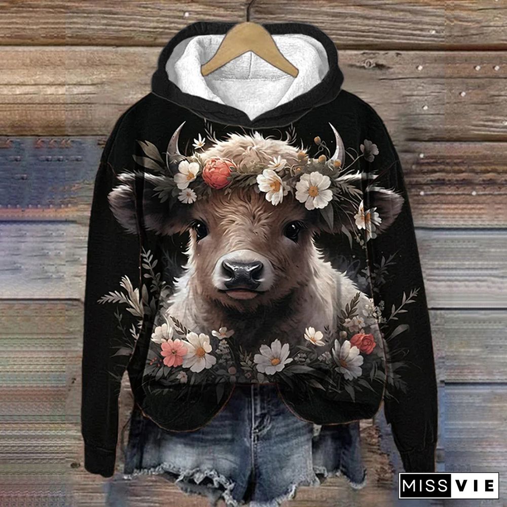 Women's Floral Highland Cow Print Casual Hooded Sweatshirt