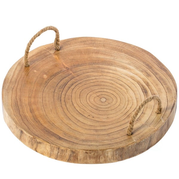 Wood Round Tray Serving Platter Board with Rope Handles