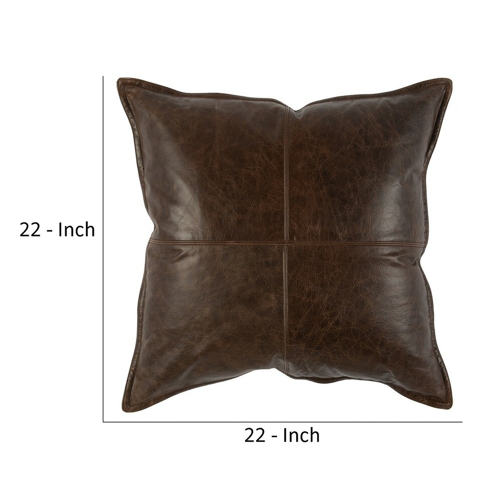 Square Leatherette Throw Pillow with Stitched Details  Dark Brown