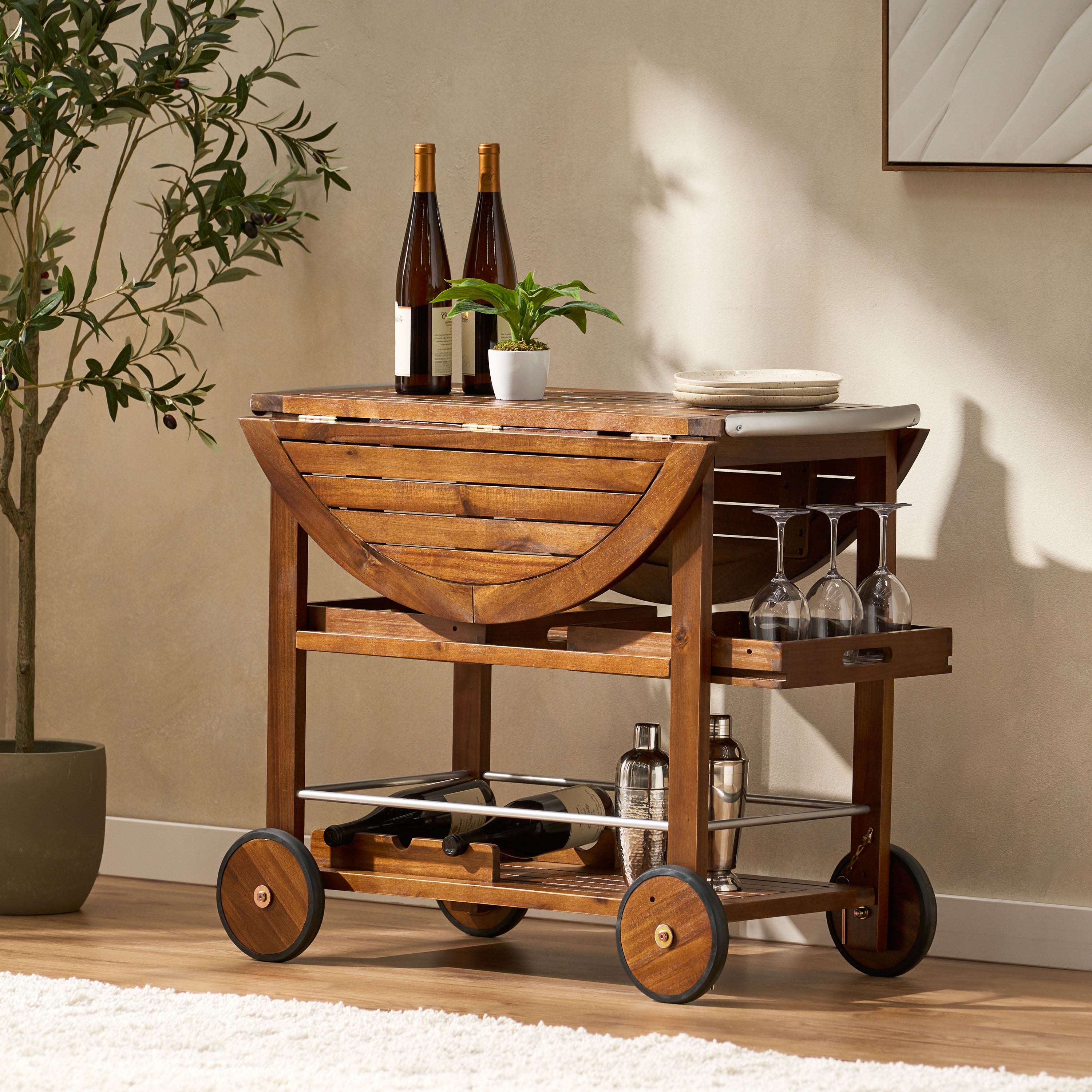 Cyndy Farmhouse Cottage Dark Oak Acacia Wood Bar Cart