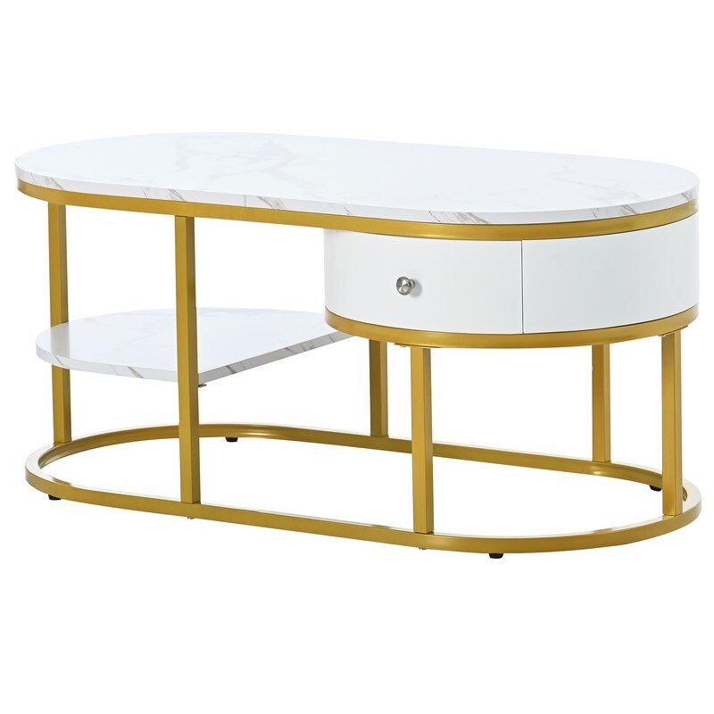 Modern Marble Coffee Table  Center Table Cocktail Table with Drawers   Shelves Storage for Living Room and Bedroom