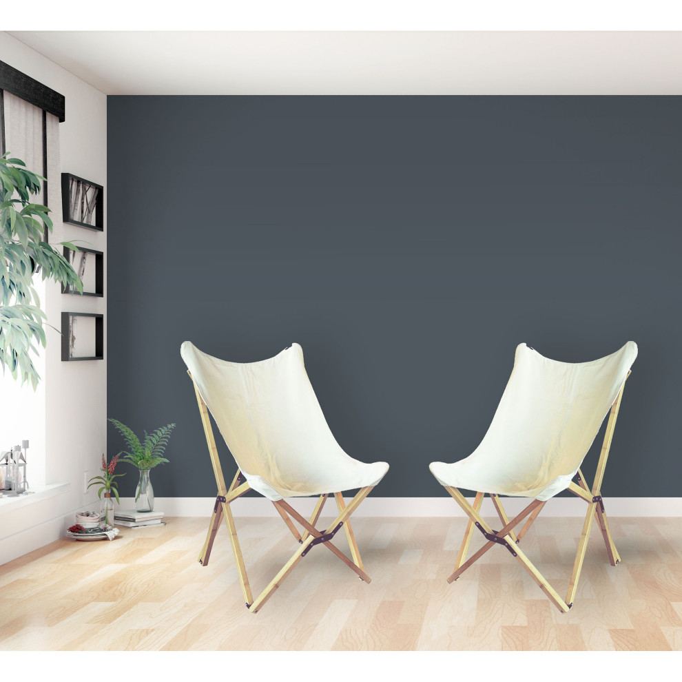 Canvas And Bamboo Butterfly Chair   White   2 Piece Set   Midcentury   Folding Chairs And Stools   by VirVentures  Houzz