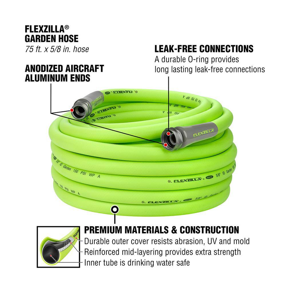 Flexzilla 58 in. x 75 ft. Garden Hose with 34 in. GHT Fittings HFZG575YW-E