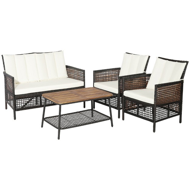 Costway Patiojoy 4pcs Patio Rattan Furniture Set Cushioned Chairs Wood Table Top W shelf