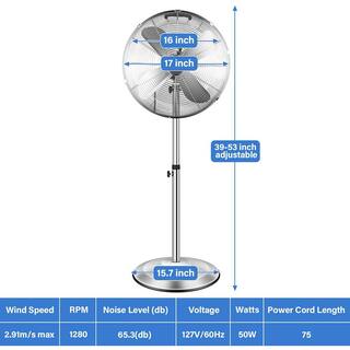 Amucolo 16 in. 3-Speed Adjustable-Height Stand Fan Pedestal Fan in Silver Horizontal Ocillation 75 DHS-CYHI-TALF