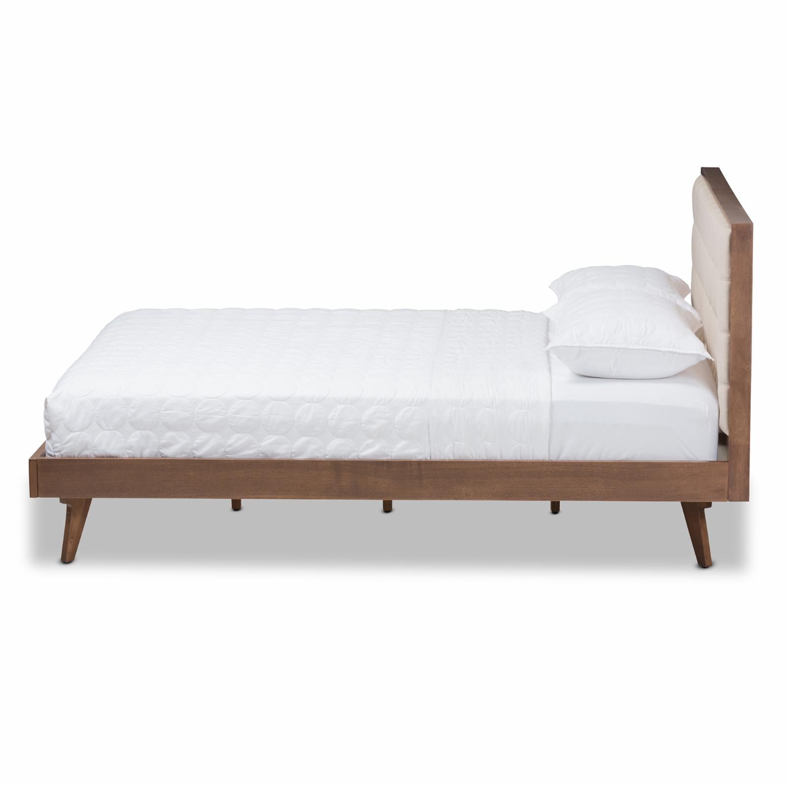 Baxton Studio Soloman Mid-Century Modern Light Beige Fabric and Walnut Brown Finished Wood Platform Bed, King