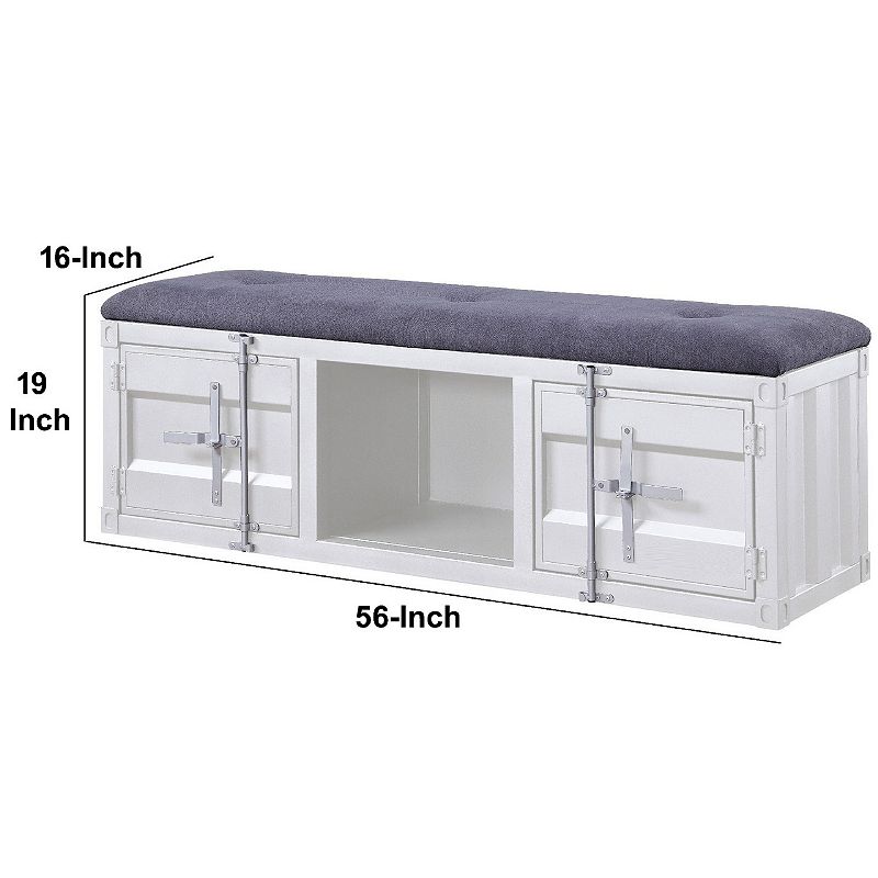 Metal Bench with Open Storage and Tufted Fabric Seat， White and Gray