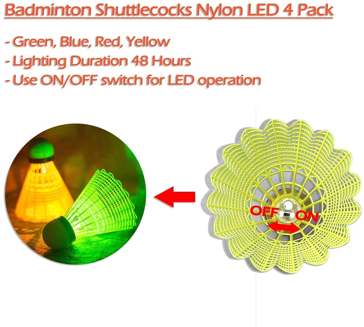 Ksports LED Badminton Shuttlecocks Nylon 4 Pack Tube − Glow in The Dark Birdies